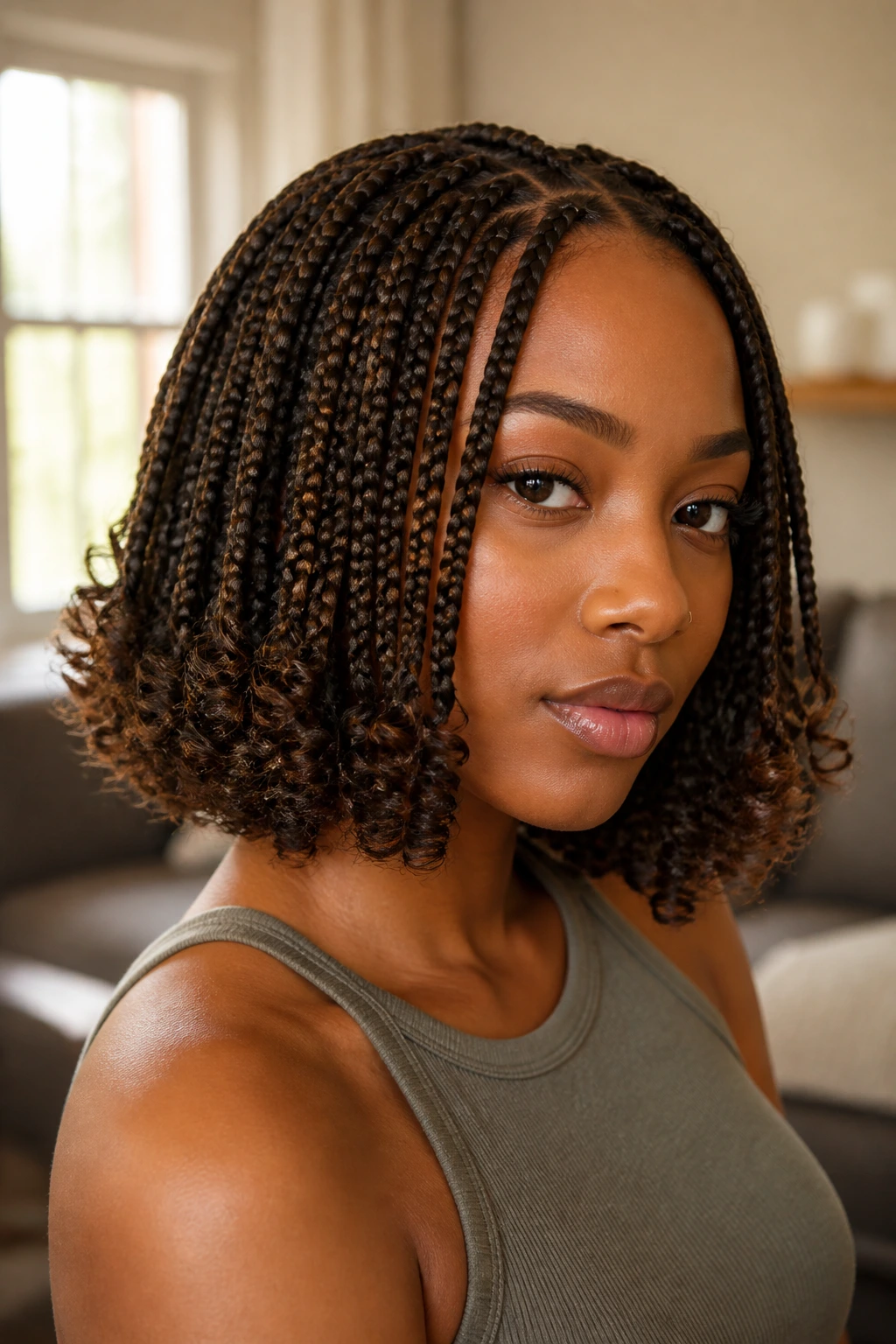 Close-up of a real woman with braids that end in curls, indoor soft light