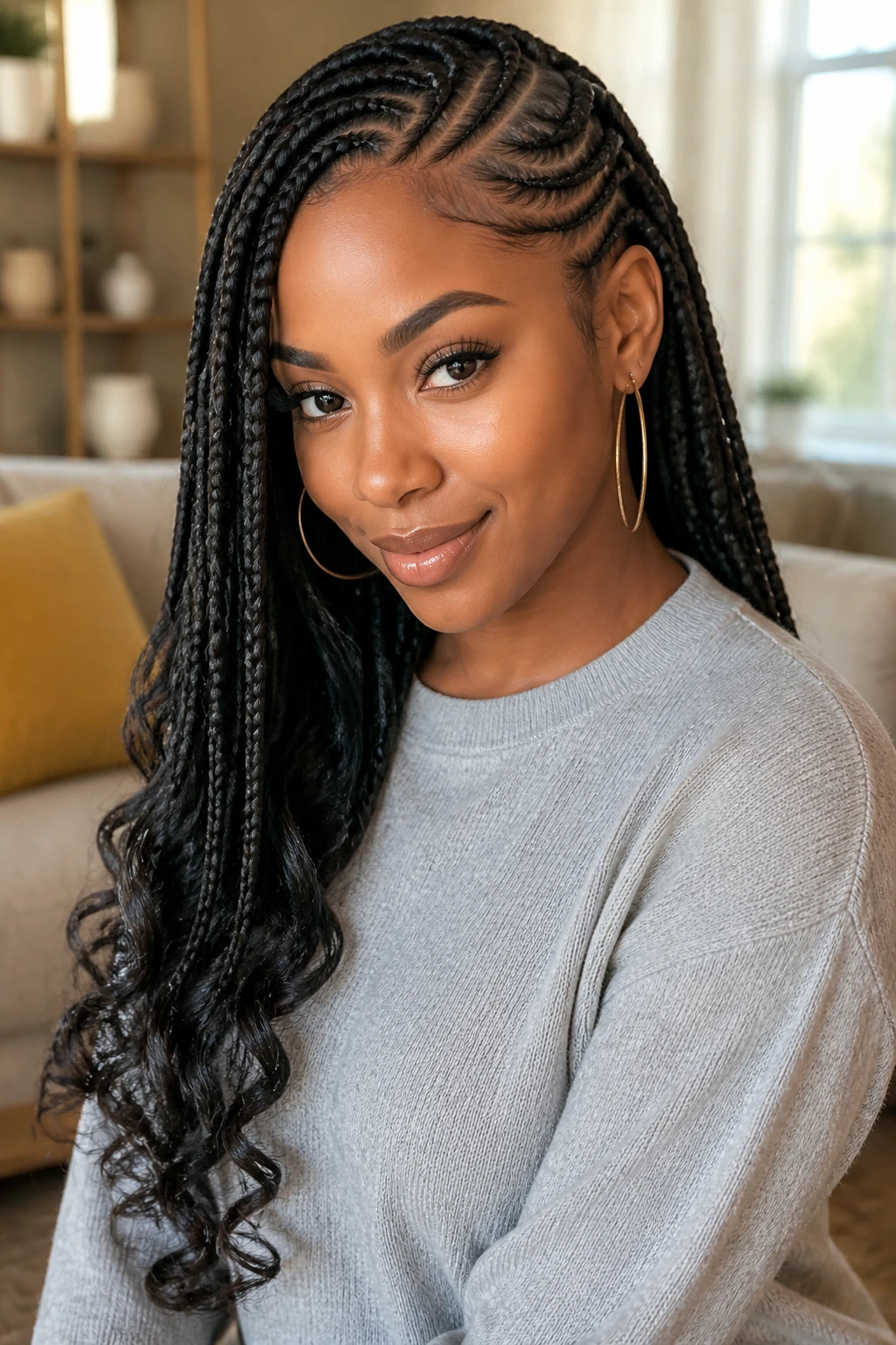 Real woman showcasing lemonade braids ending in curls