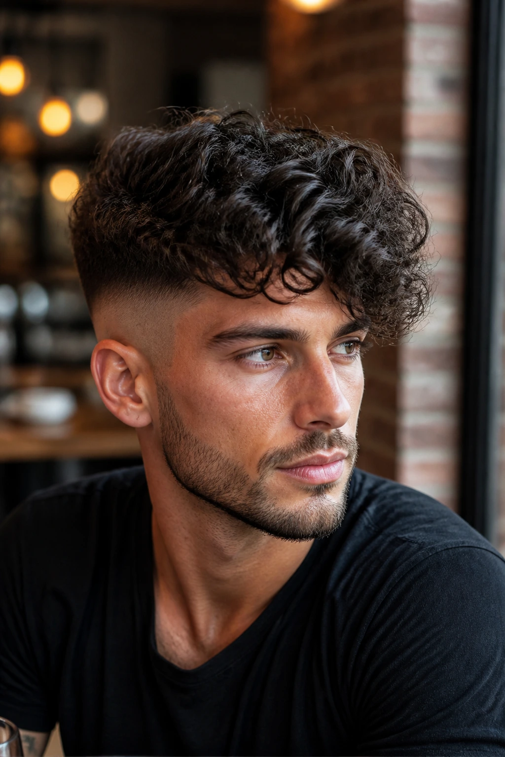 Close-up of a man with a side-swept curly fade in a warm cafe setting with window light