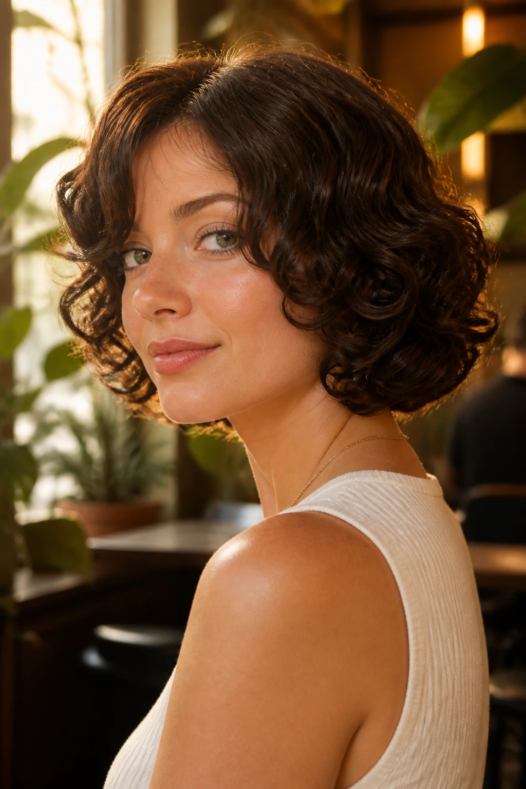 Medium close-up of a real woman with a curly faux-bob hairstyle