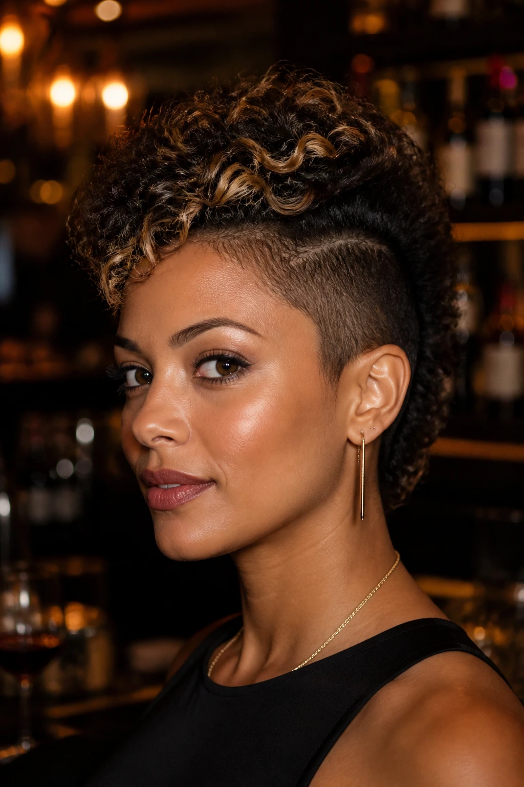 Real person with curly faux-hawk and honey highlights in a wine bar