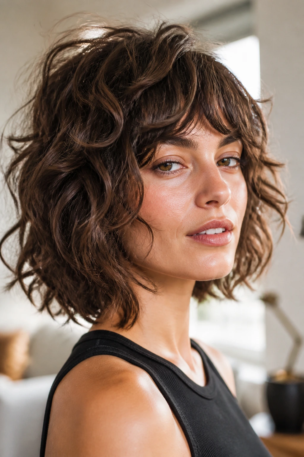Close-up portrait of a real person with loose waves creating a faux curly shag