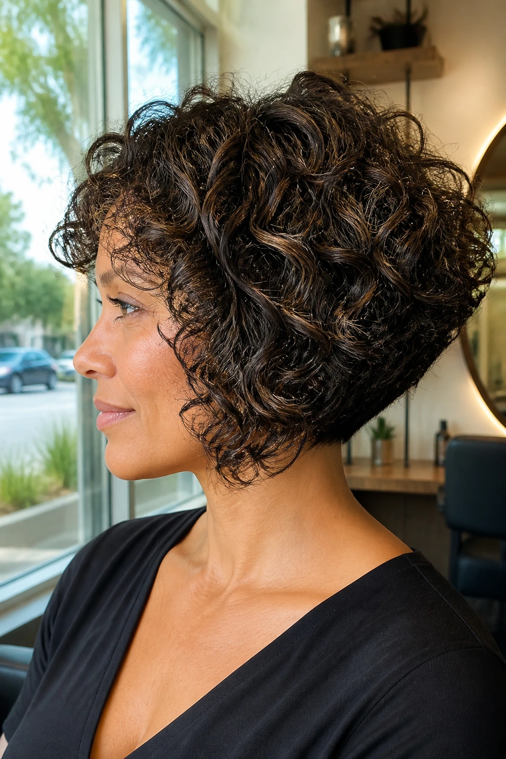 Close-up portrait of a real woman with a curly inverted bob showing feathered layers in natural window daylight