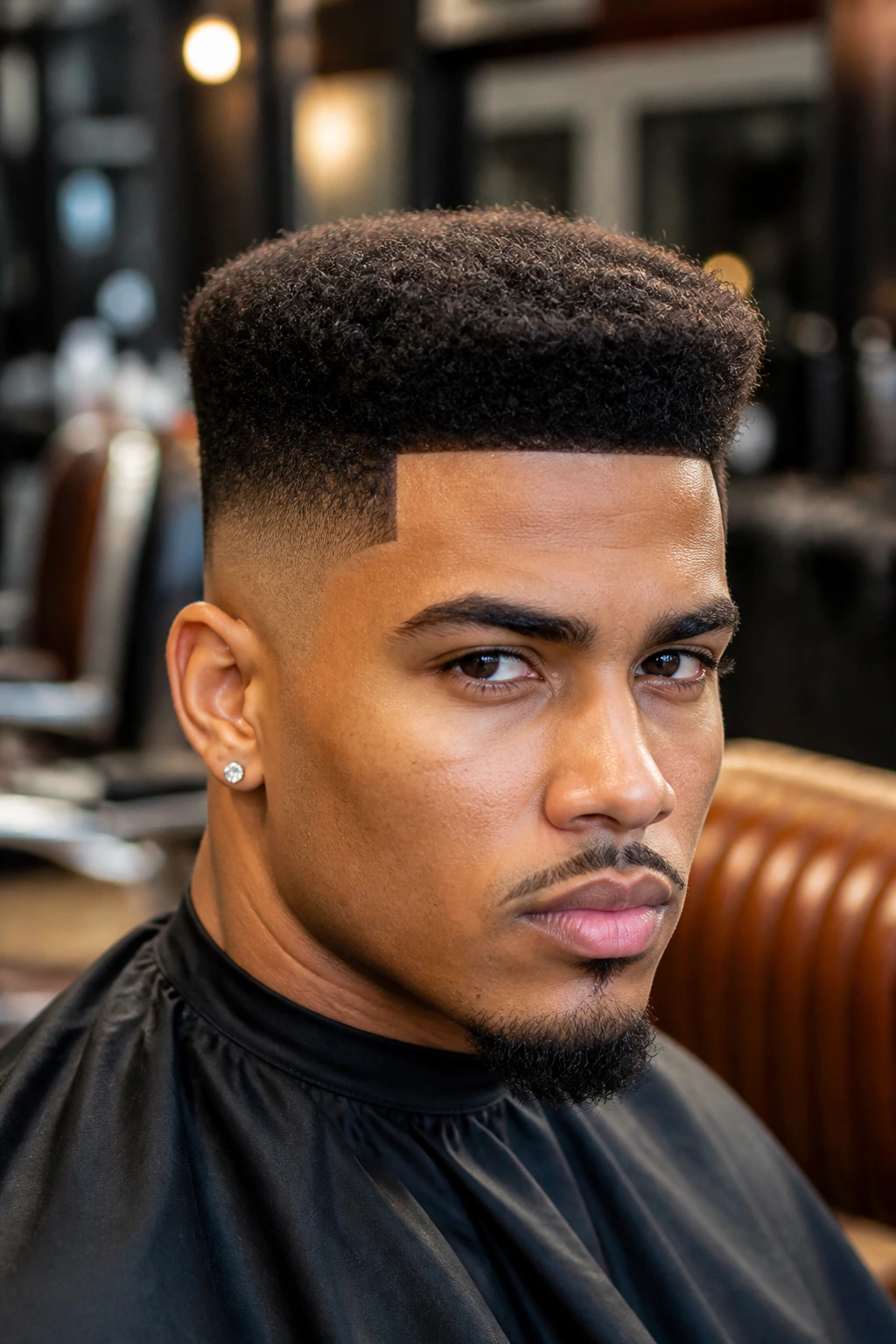 Close-up of a real man with a curly flat top in a modern barber shop