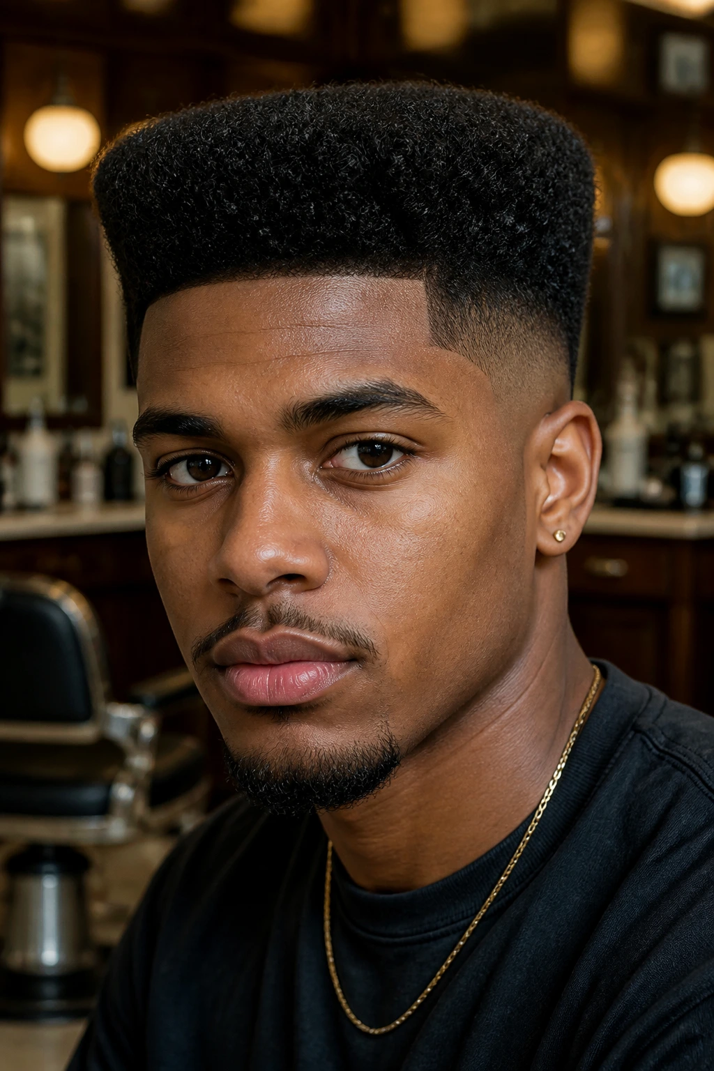 Portrait of a man with a curly flat-top haircut in a barber shop setting