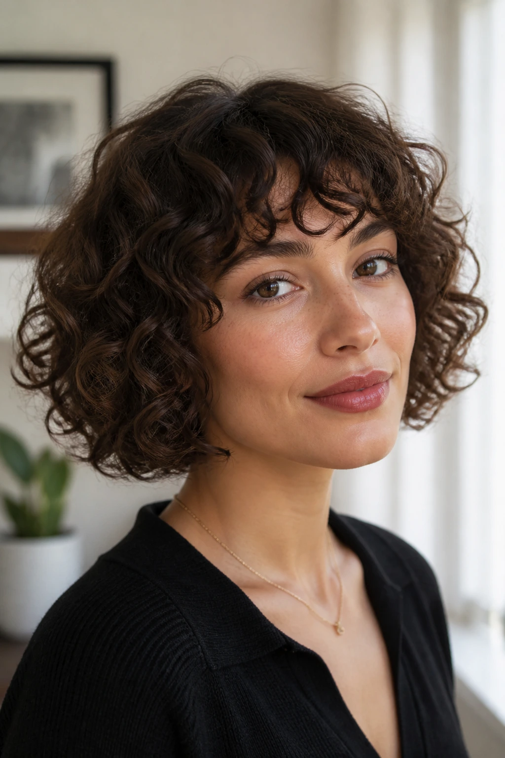 Real woman with Curly French Bob Carré Bouclé