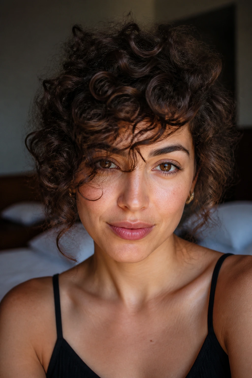 Close-up front view of a real person with curly fringe bangs in soft window light