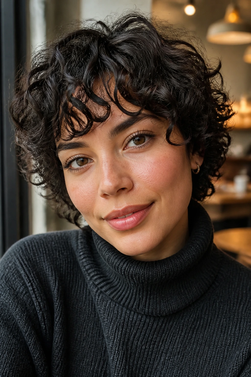 Close-up of a real person with a short curly fringe framing the eyes in cafe light