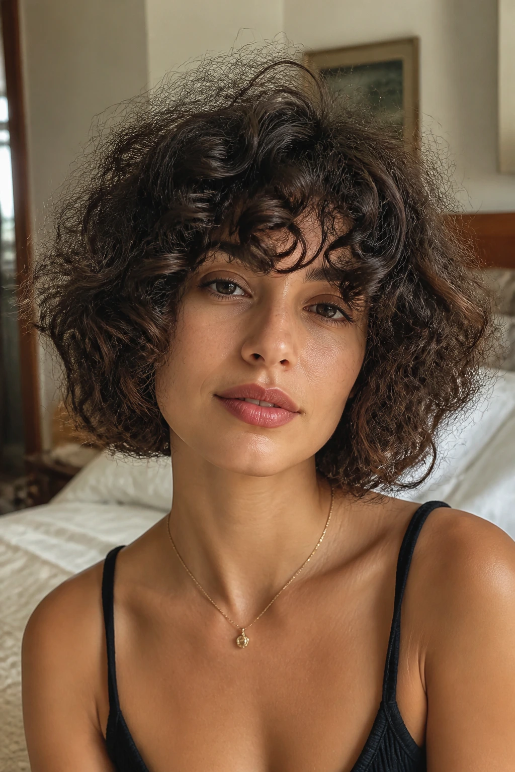 Close-up of a real woman with curly fringe bob and frizzy bangs