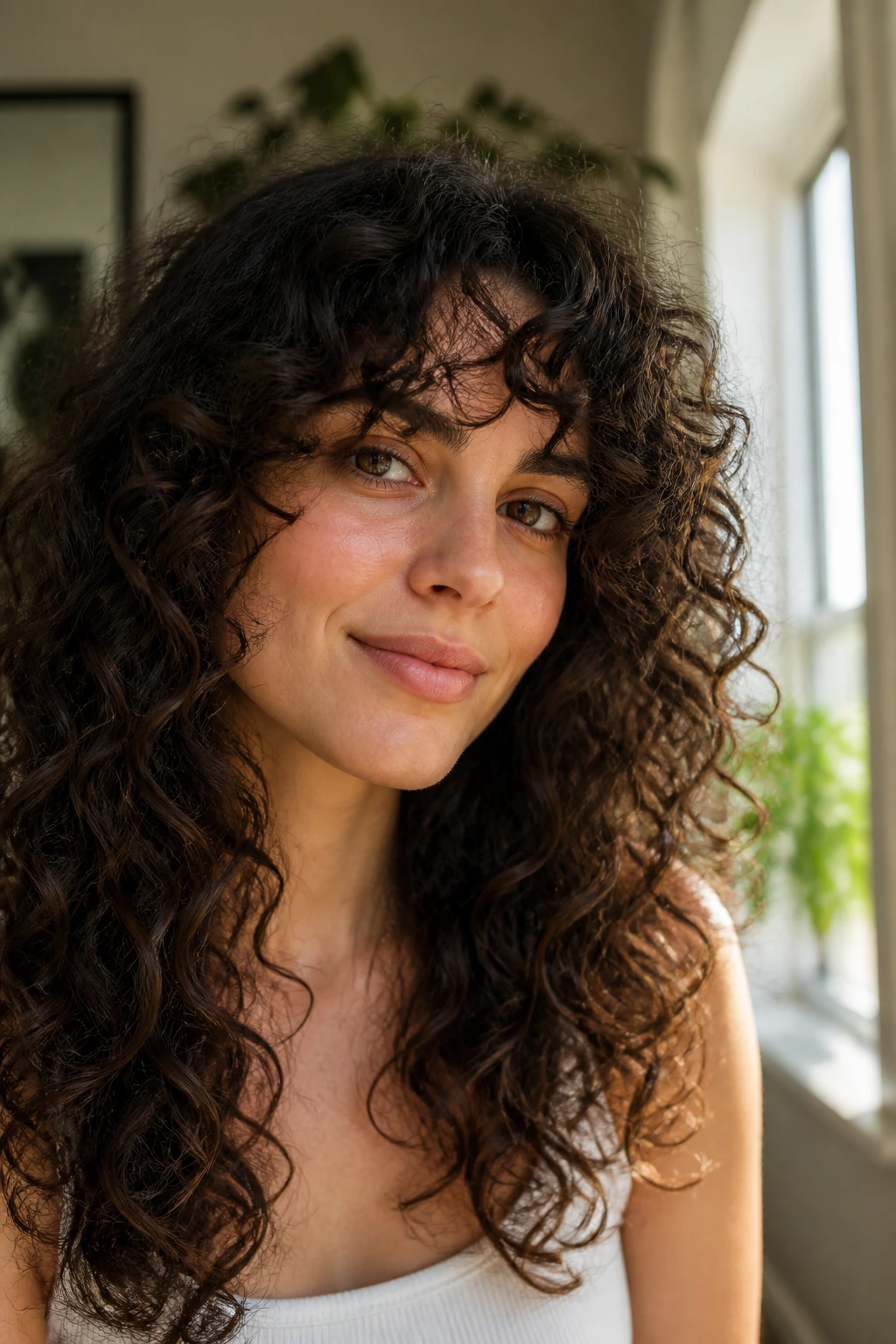 Real woman with long curly fringe in a sunlit living room.