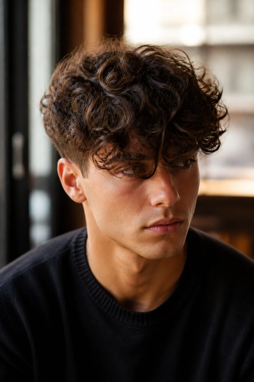 Close-up of a real man with a curly fringe over the forehead, short sides.