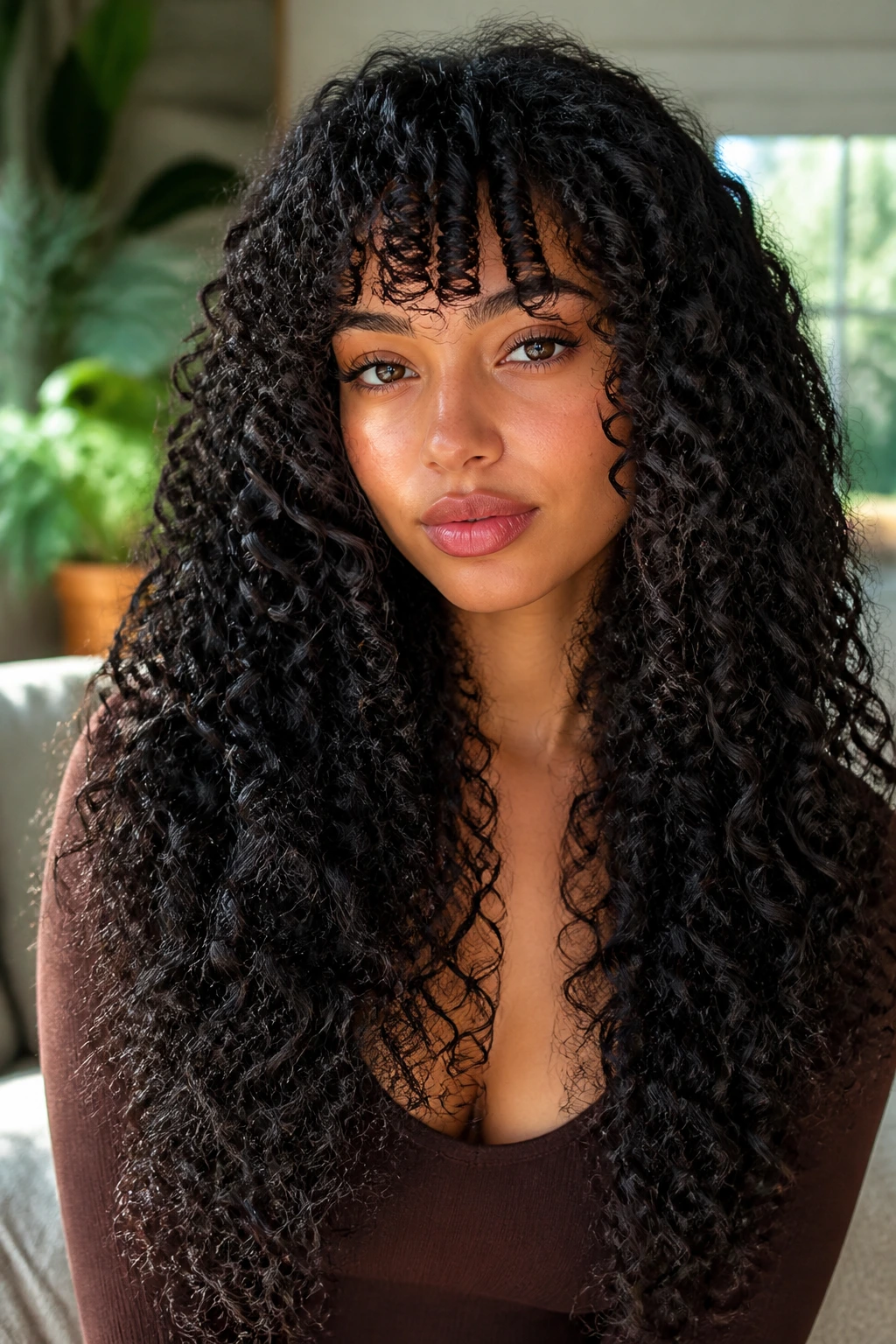 Close-up real woman with curly coil fringe and long ringlets