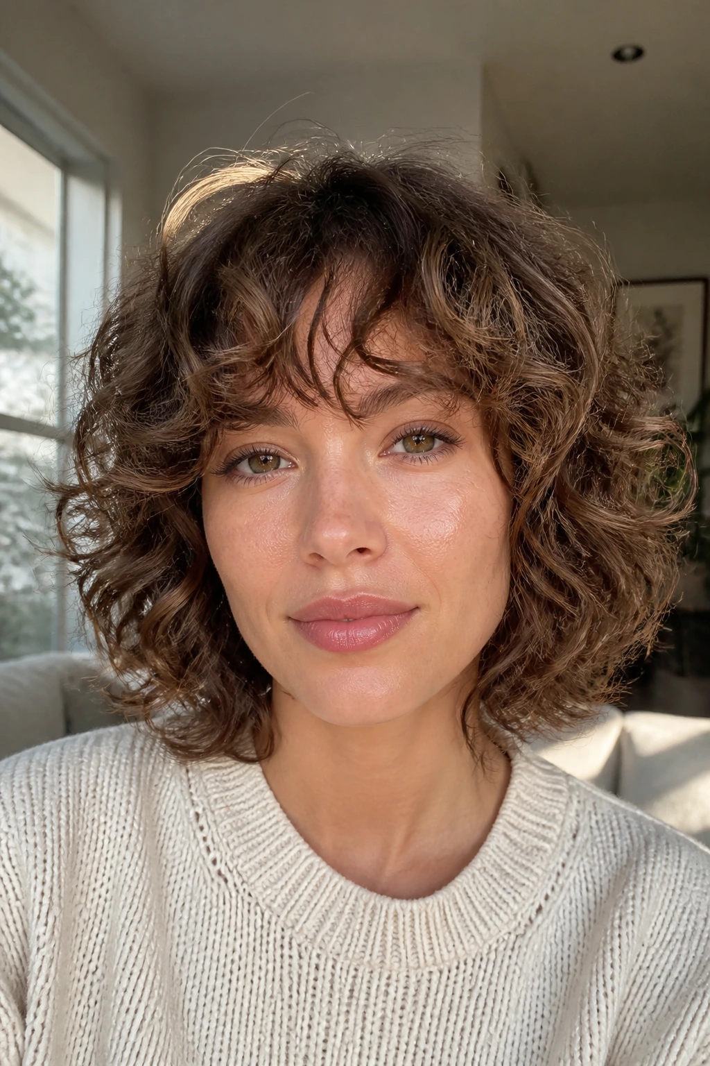 Portrait of a woman with curly fringe shag bob