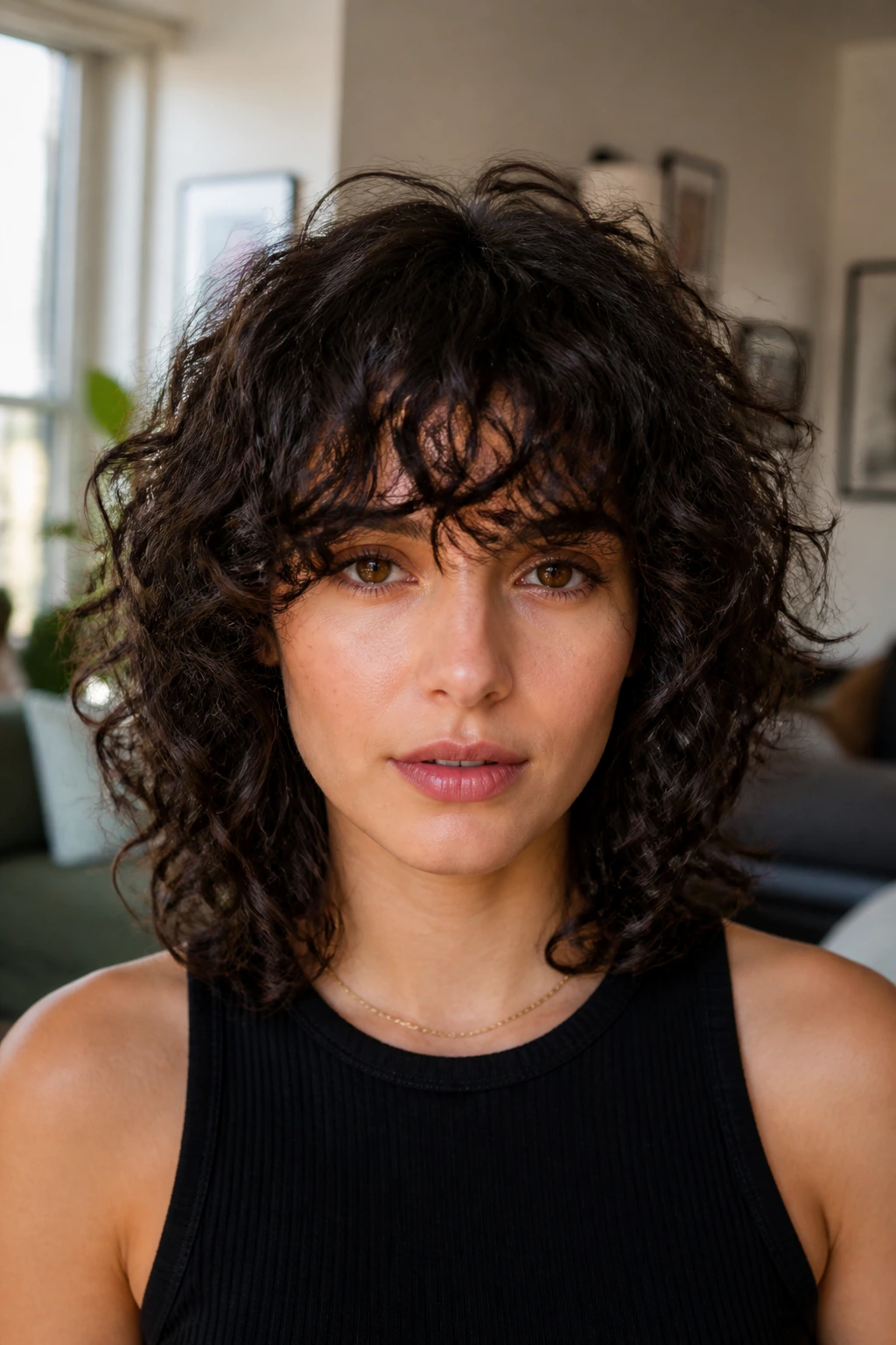 Front view of a person with curly fringe heavy shag hairstyle.