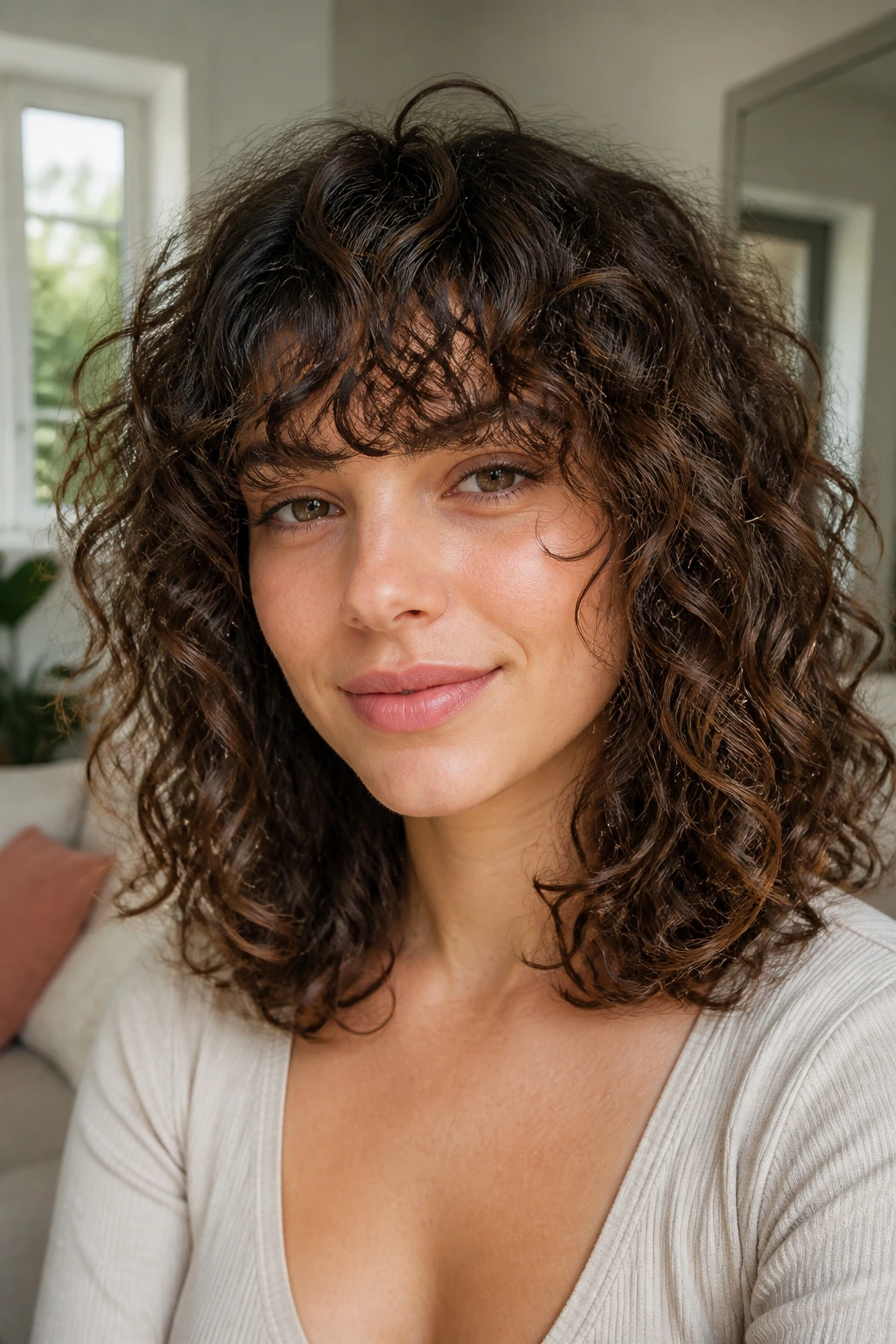 Close-up of a real woman with curly fringe blending into shoulder-length curls