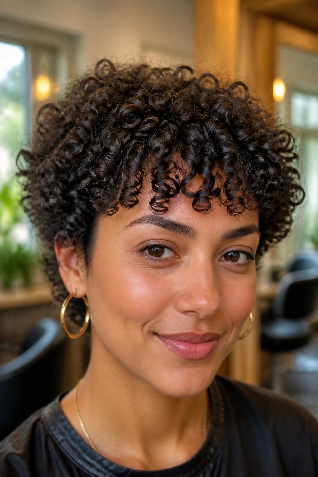 Close-up portrait of a person with a curly micro fringe in a softly lit salon