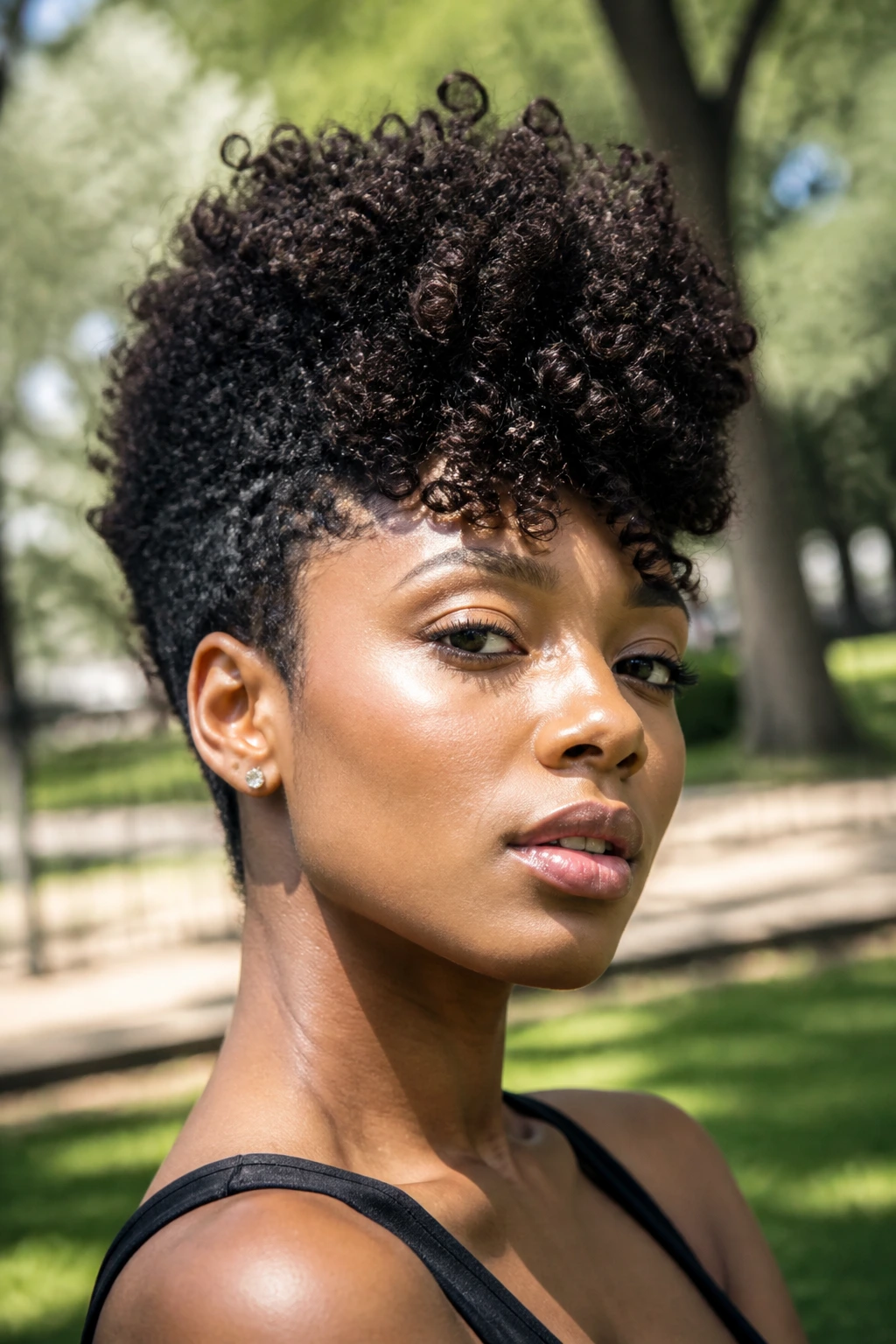 Close-up of a real person with a curly fro-hawk in natural light