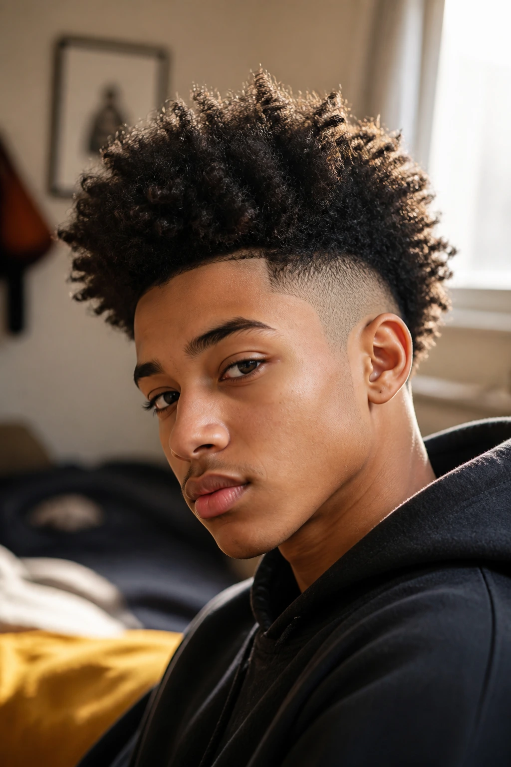 Close-up portrait of a teen with a curly fro-hawk against natural window light.