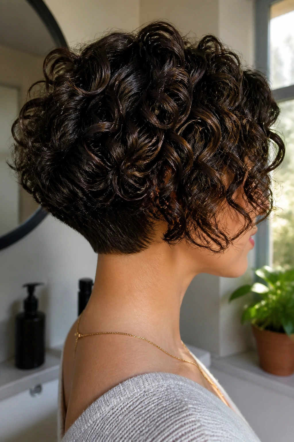 Close-up of a real woman with curly inverted bob designed for wash-and-go