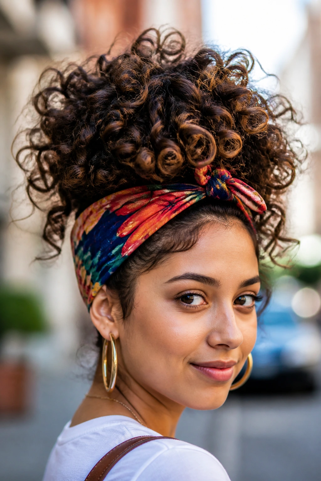 Close-up portrait of a real woman with a pineapple updo and a bandana tied around the forehead.