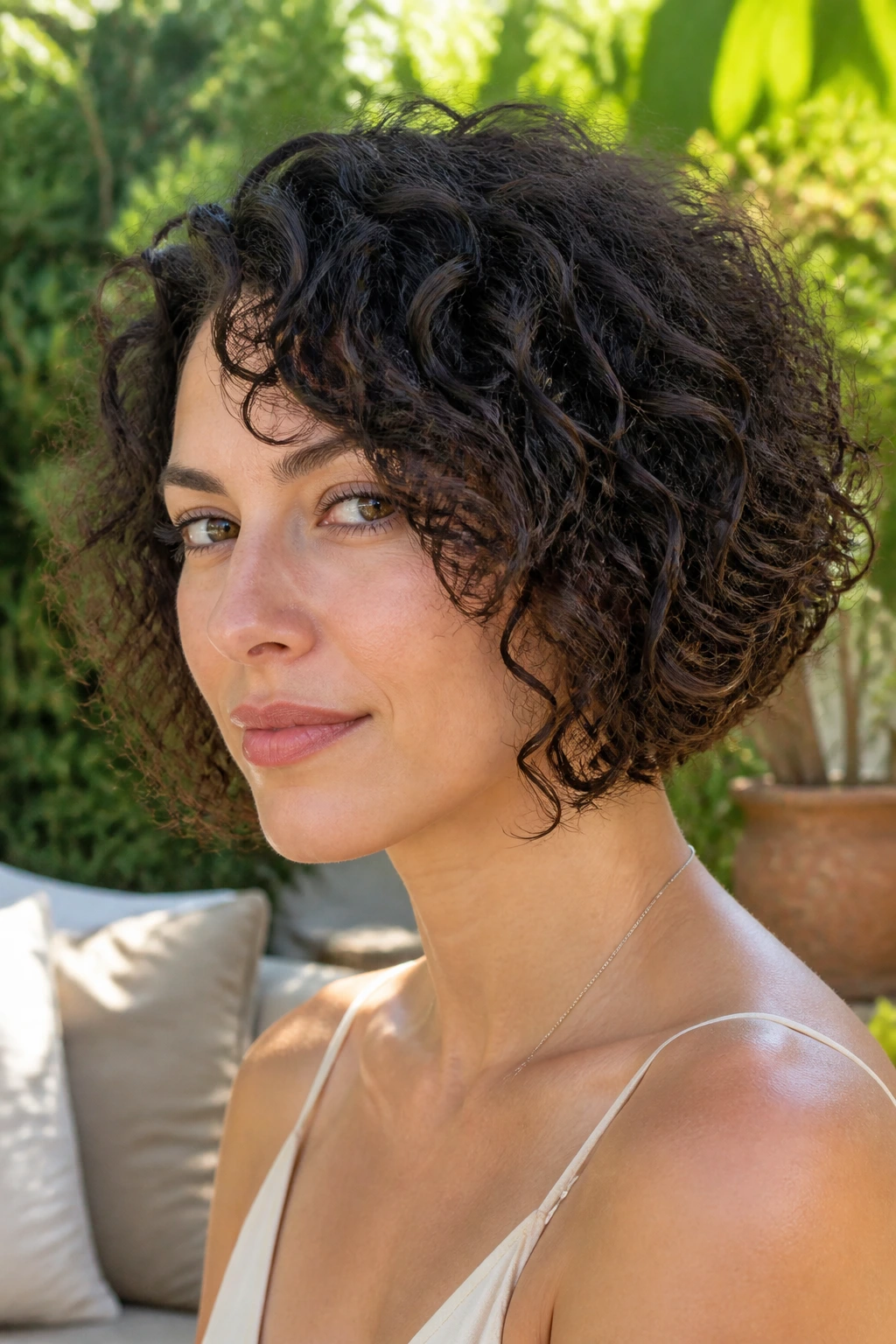 Portrait of a woman with curly graduated bob