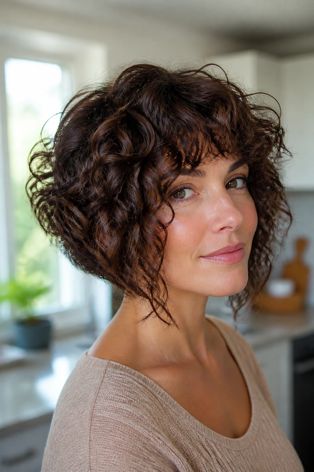 Close-up of a real woman with a curly graduated bob featuring a short back and longer front layers