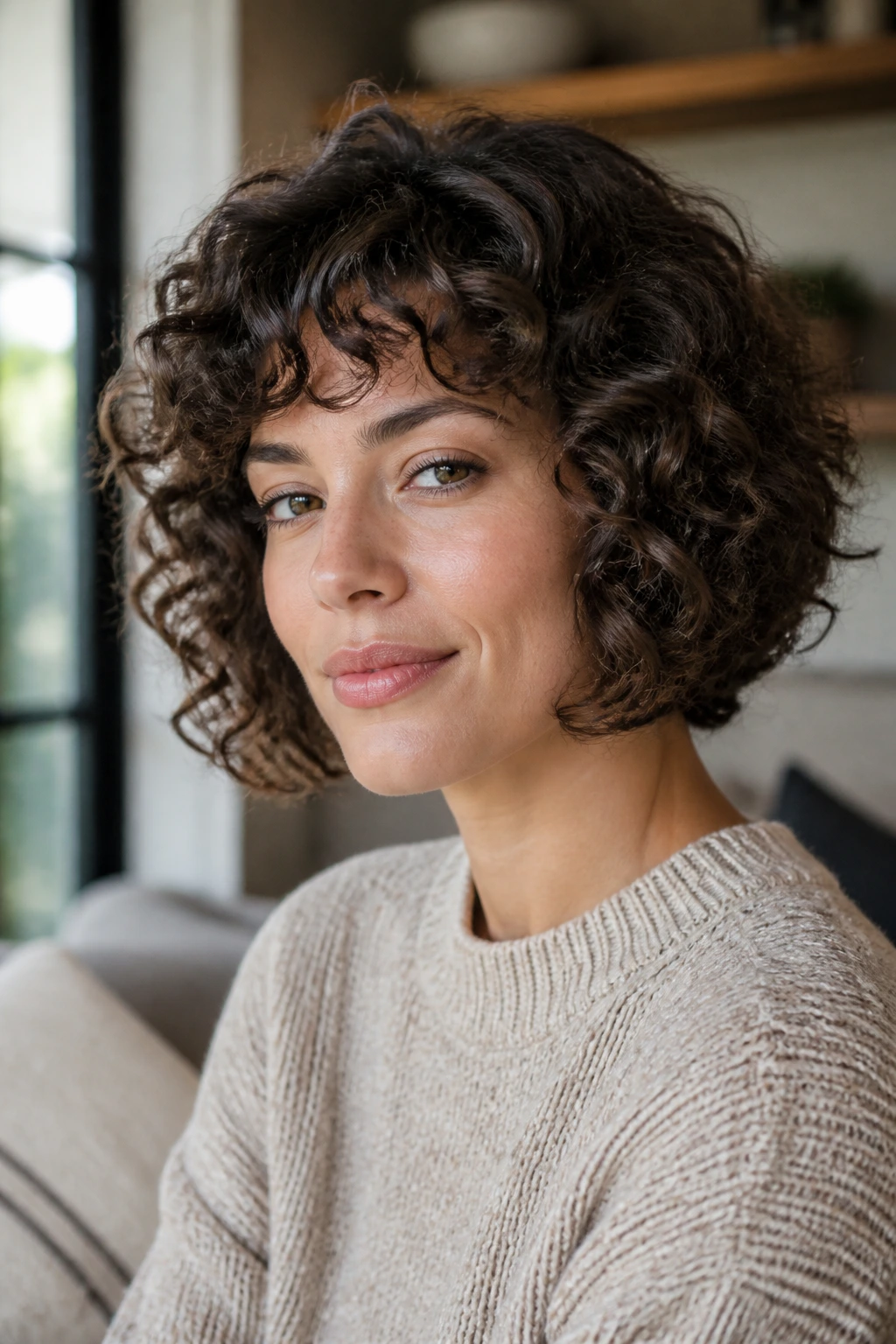 Close-up of a real woman with a curly stacked bob in a warmly lit living room