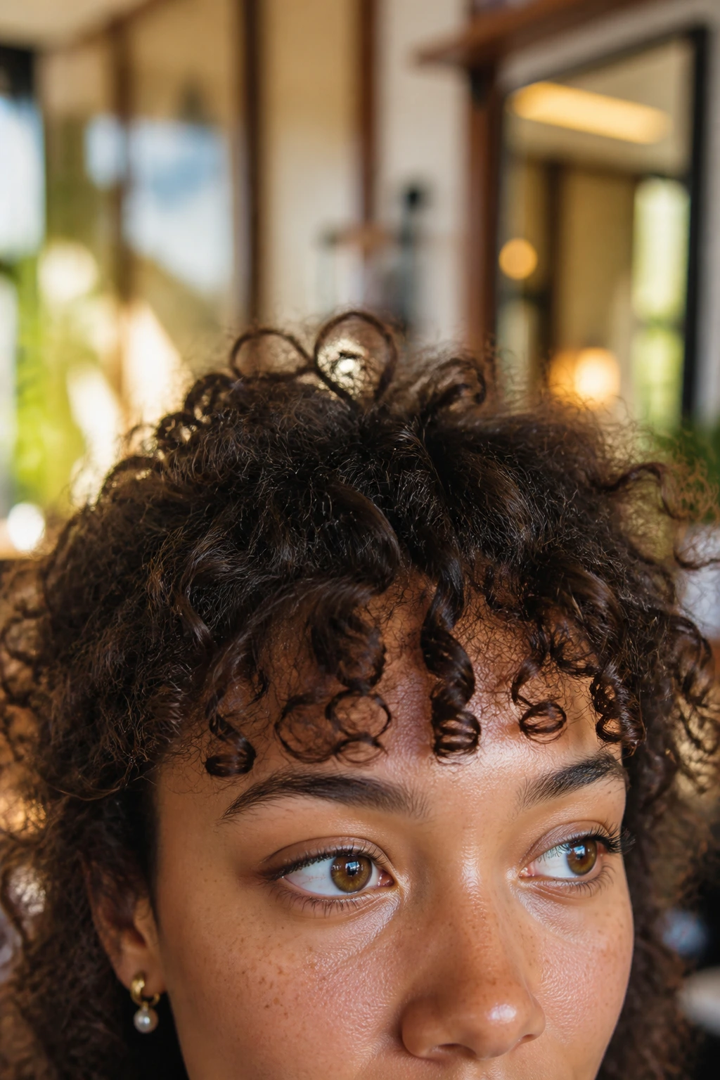 Close-up of a real person's forehead with lifted curly bangs illustrating shrinkage