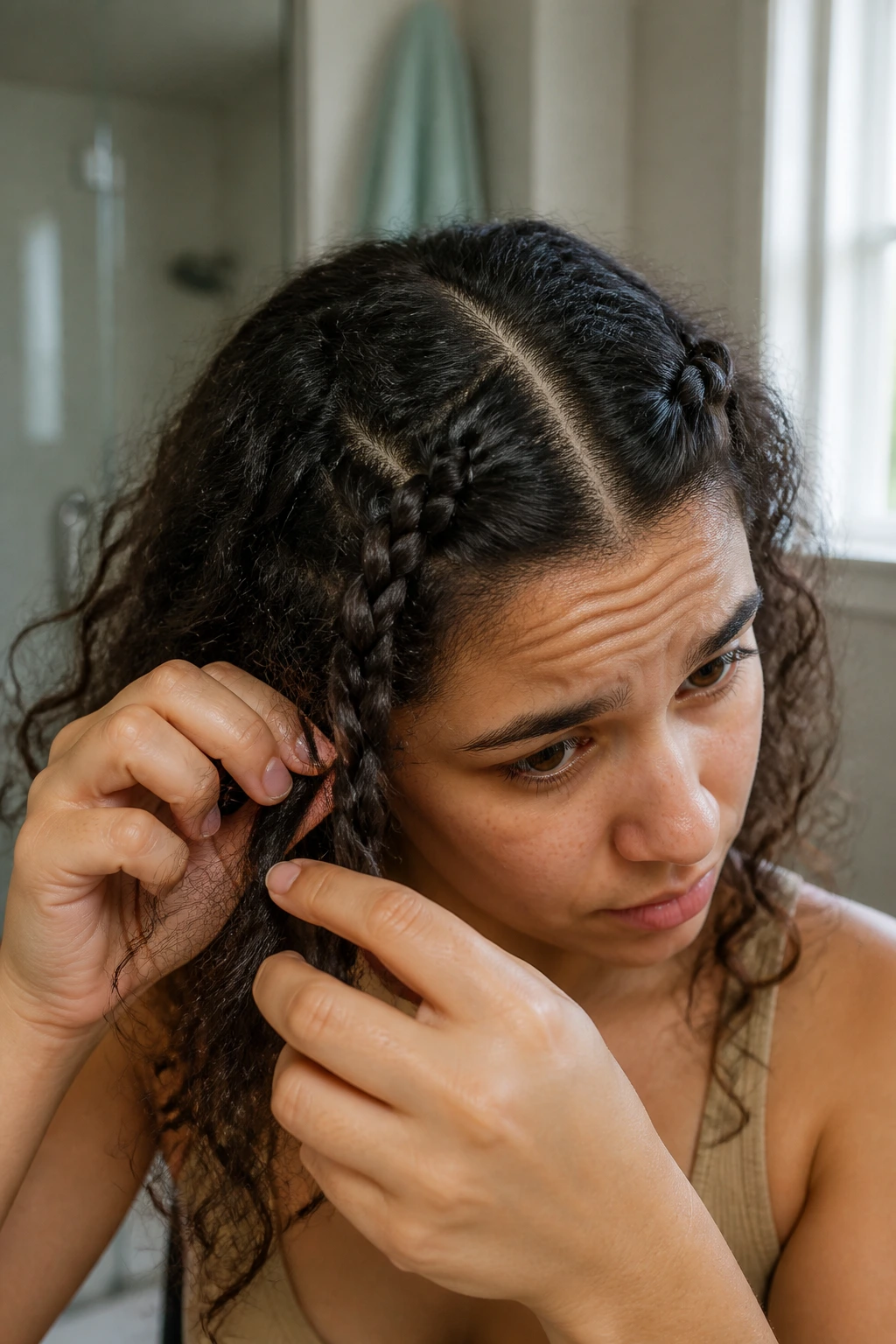 Close-up of curly hair being braided, showing uneven sections and dry strands