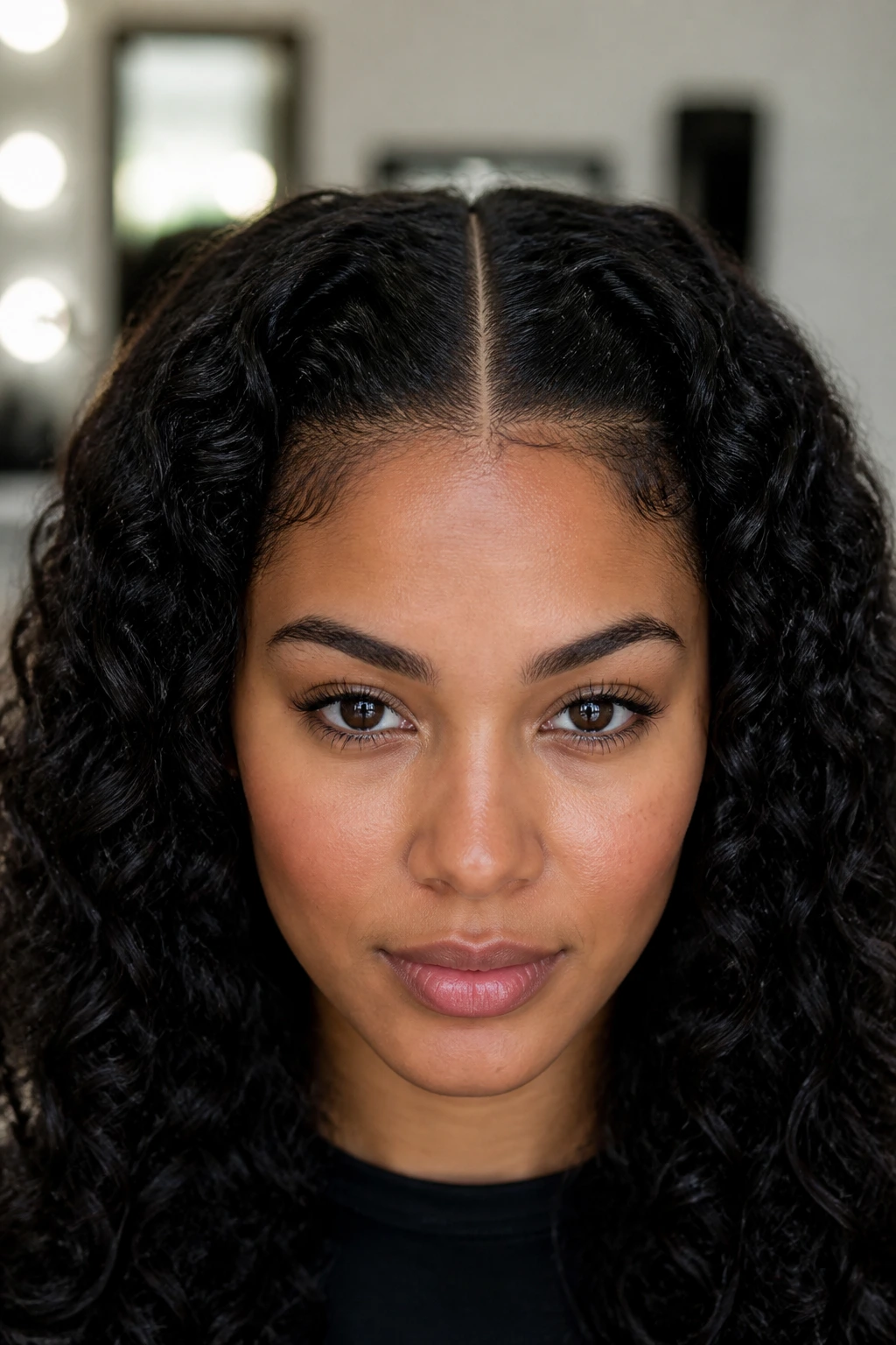 Close-up of a person with curly hair showing a clean center part
