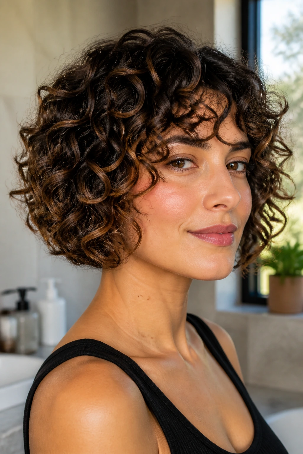 Real woman with curly chin-length cut and diffused ringlets in natural light