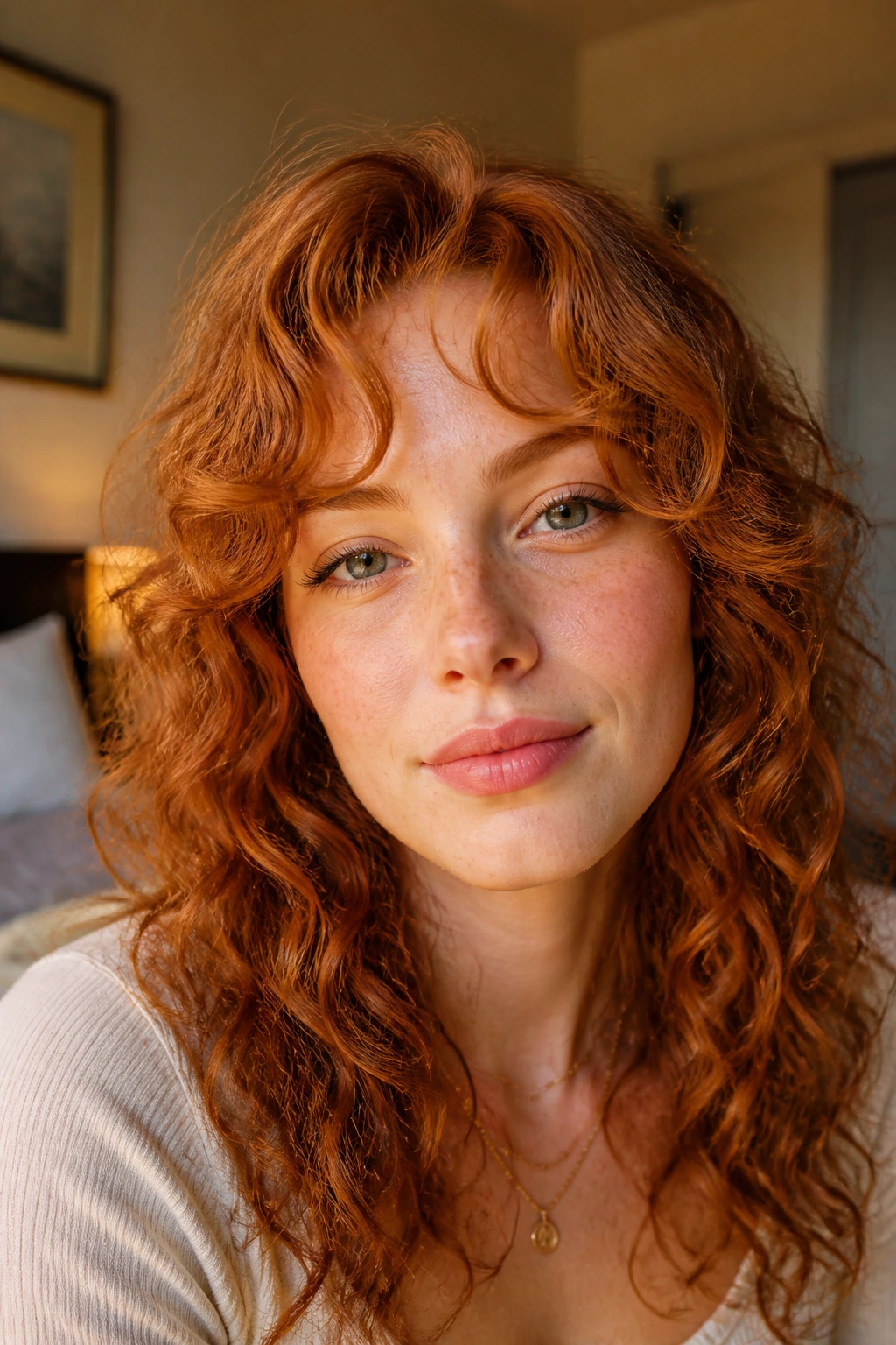 Close-up portrait of a real woman with curly ginger curtain bangs in warm window light.