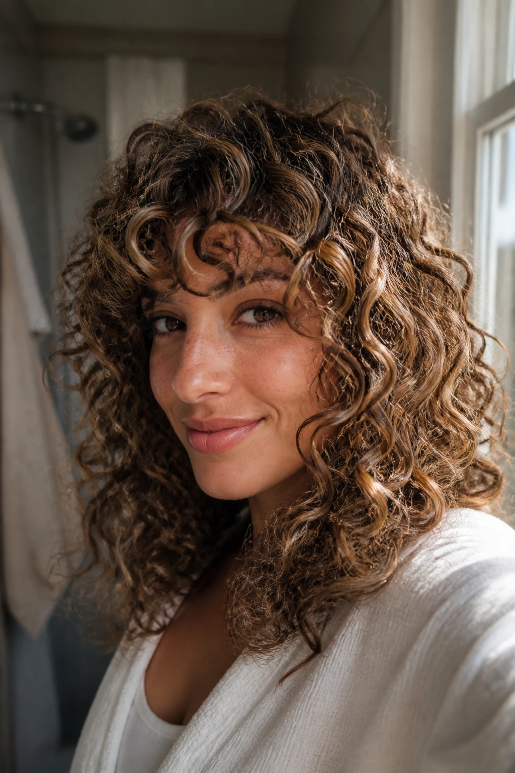 Close-up of curly hair showing different highlight responses on real person