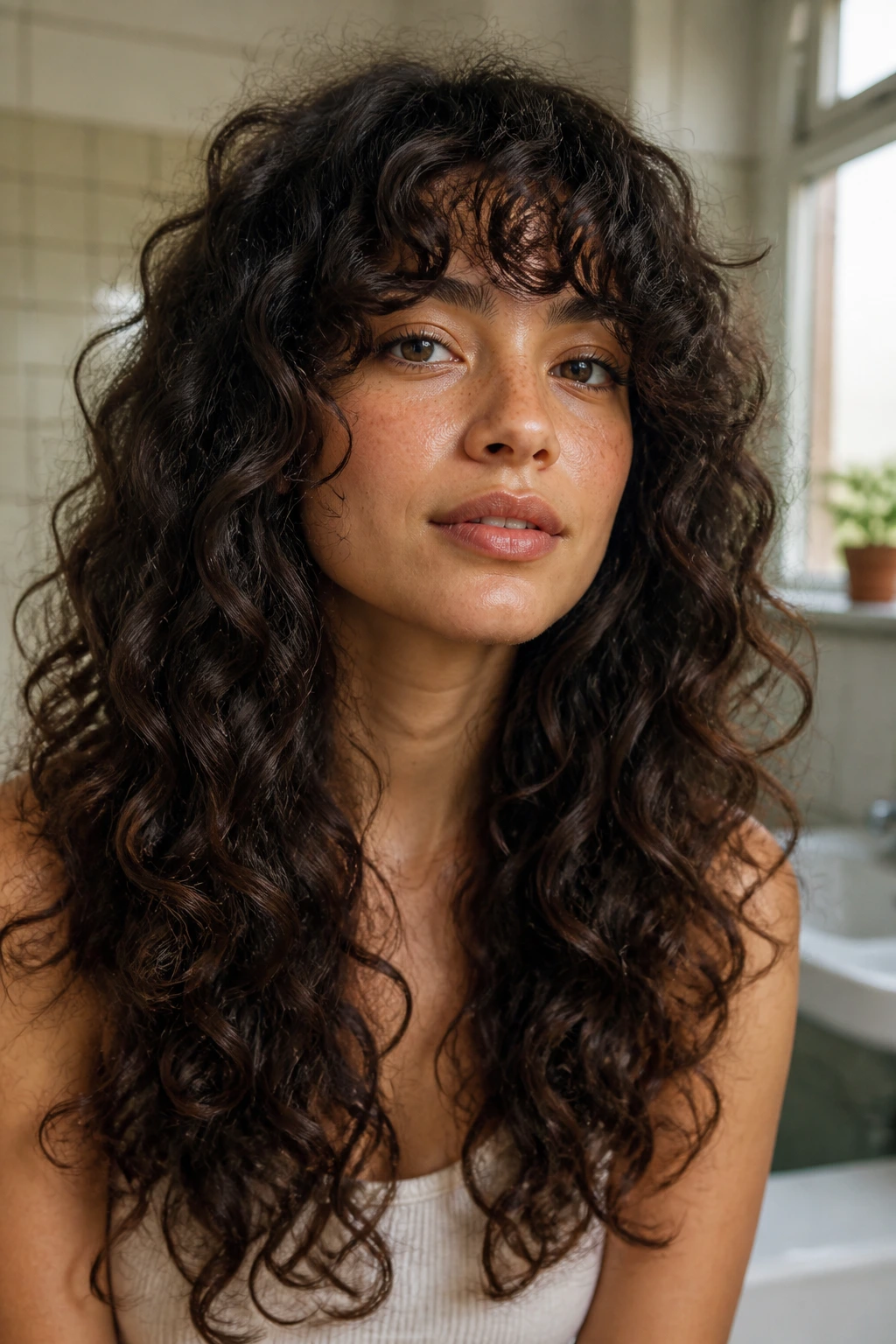 Close-up of a real woman with curly long layers and curly fringe under soft natural light