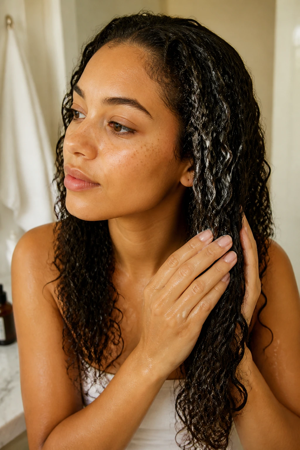 Close-up of damp curly hair being treated with leave-in conditioner for moisture and detangling