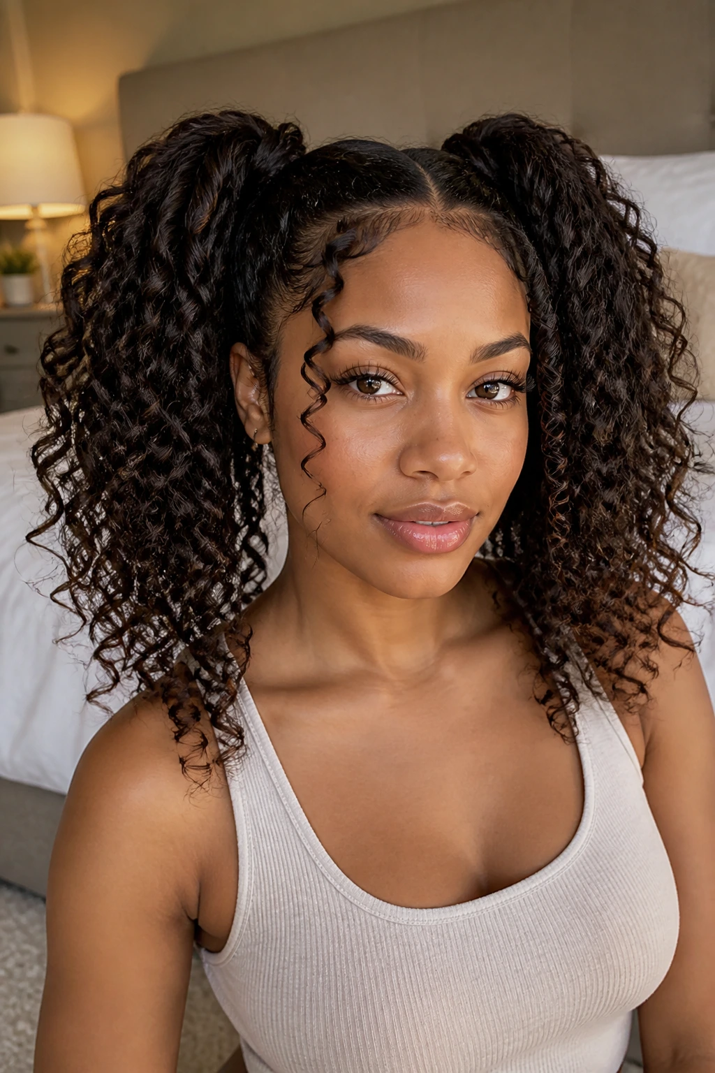 Close-up of a real woman with voluminous curly pigtails and defined ringlets in natural window light.