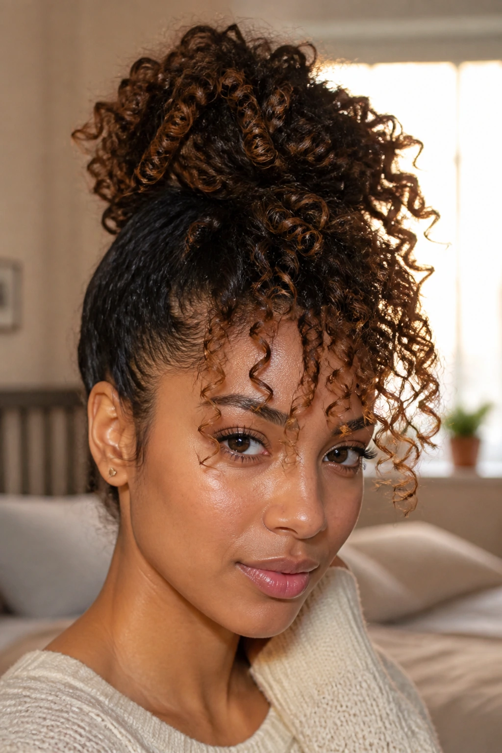 Close-up portrait of a real woman showing a curly pineapple spill with curls spilling over the forehead