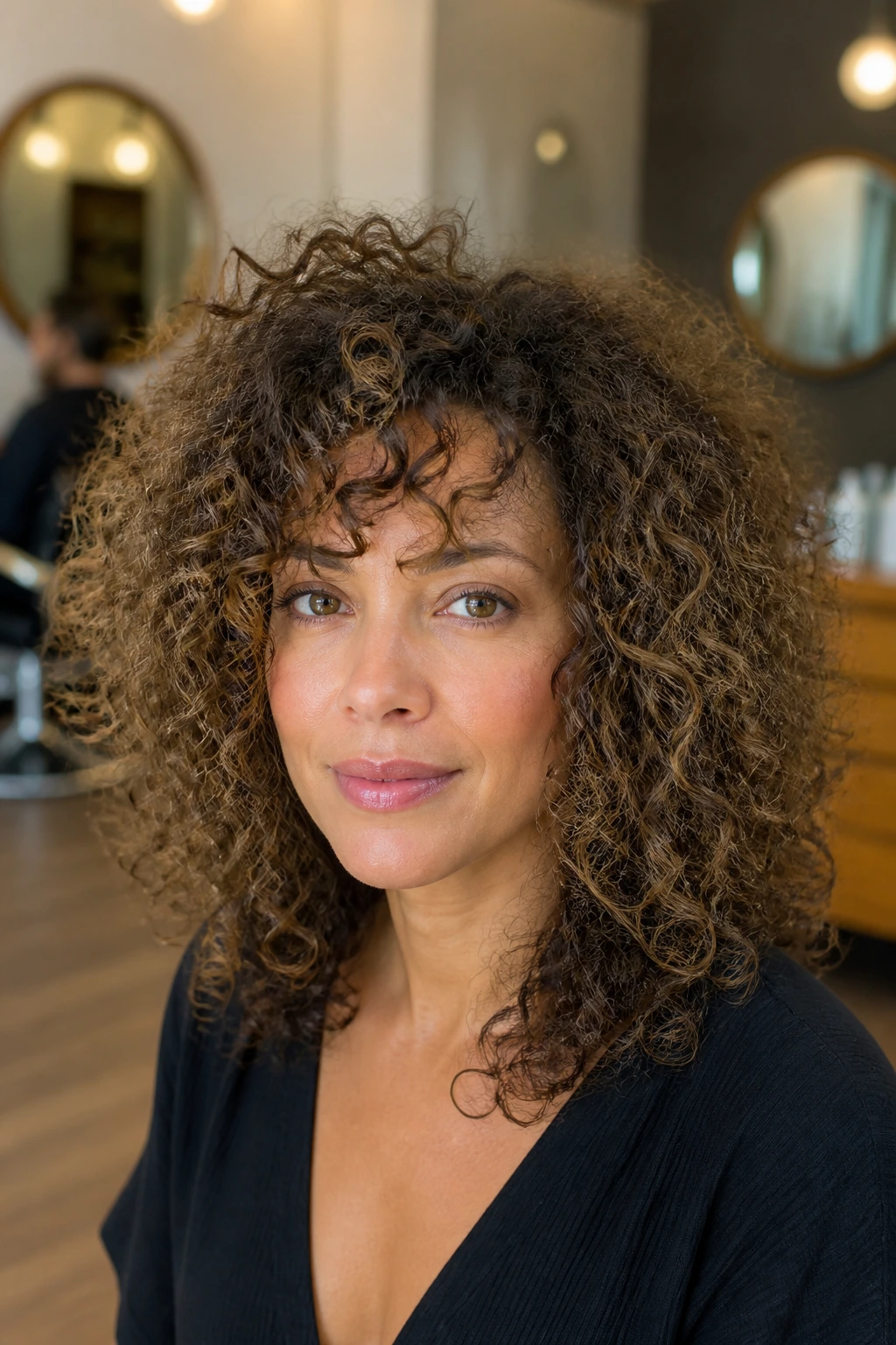 Close-up portrait of a real woman with curly hair in a salon, showing root density for a refresh