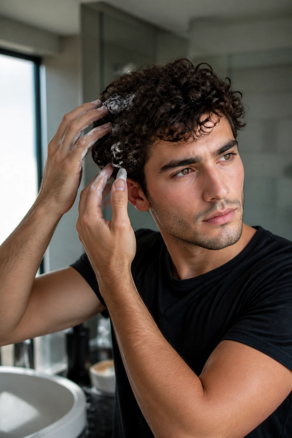 Man applying leave-in conditioner to curly hair in bathroom.