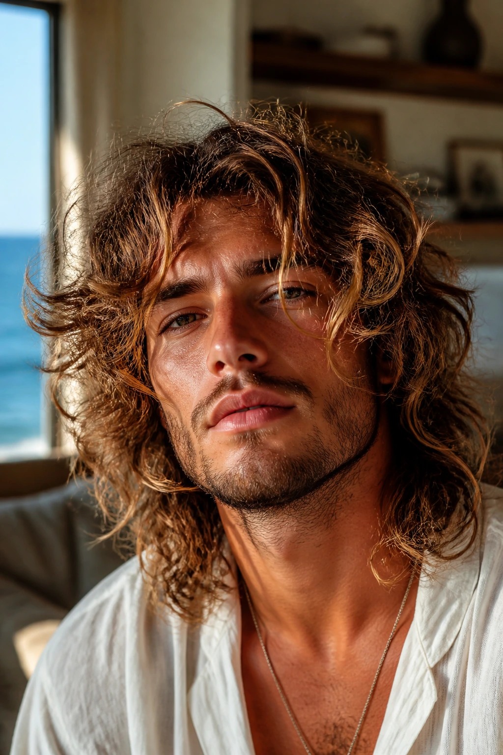 Close-up portrait of a man with long curly surfer shag hairstyle in a sunlit coastal-inspired room