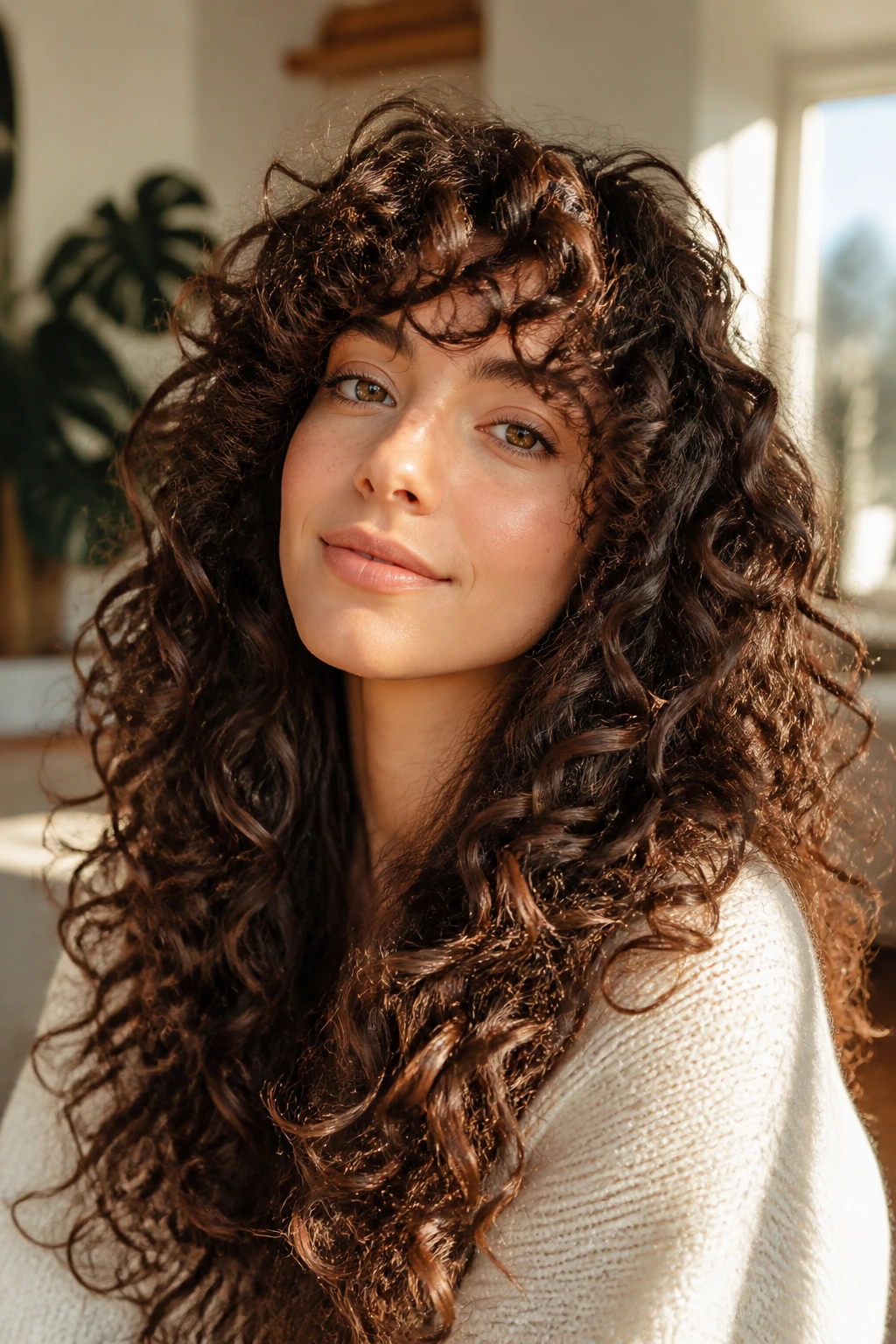 Close-up of a real woman with curly shag and sweeping spiral bangs in warm natural light