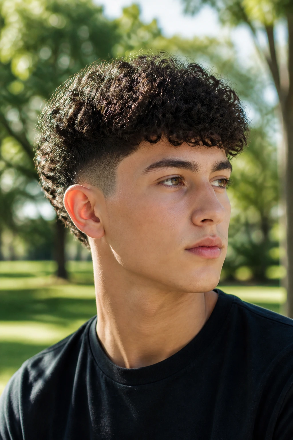 Teen with curly hair and tapered sides in a sunny park