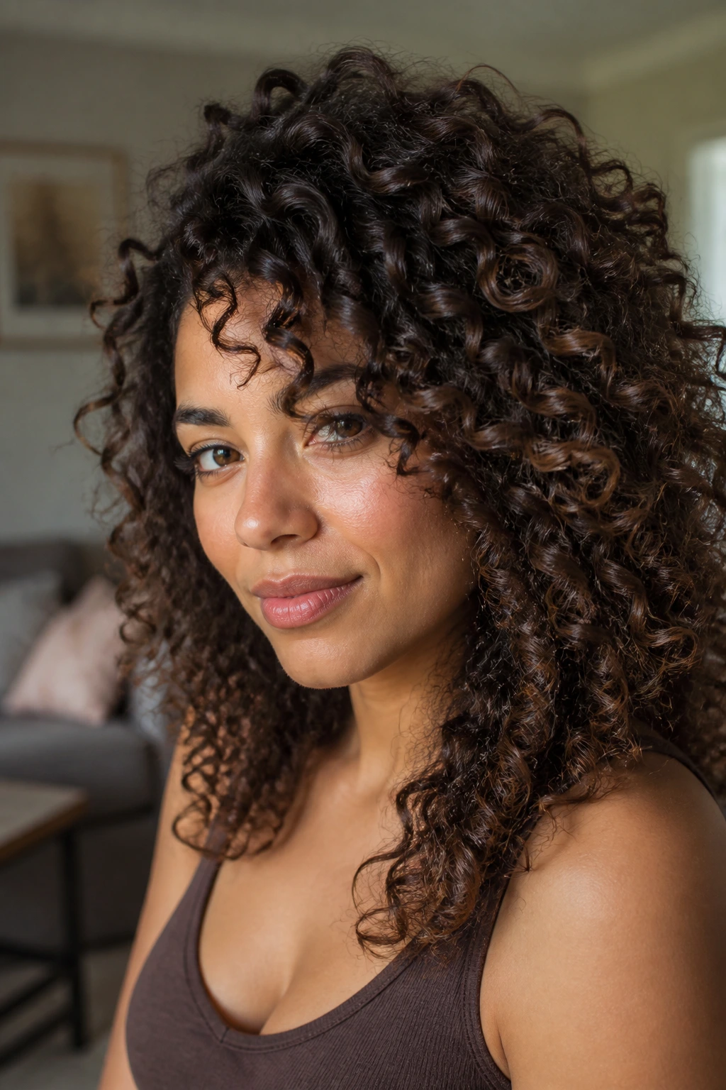 Brunette with defined curly chocolate-brown hair