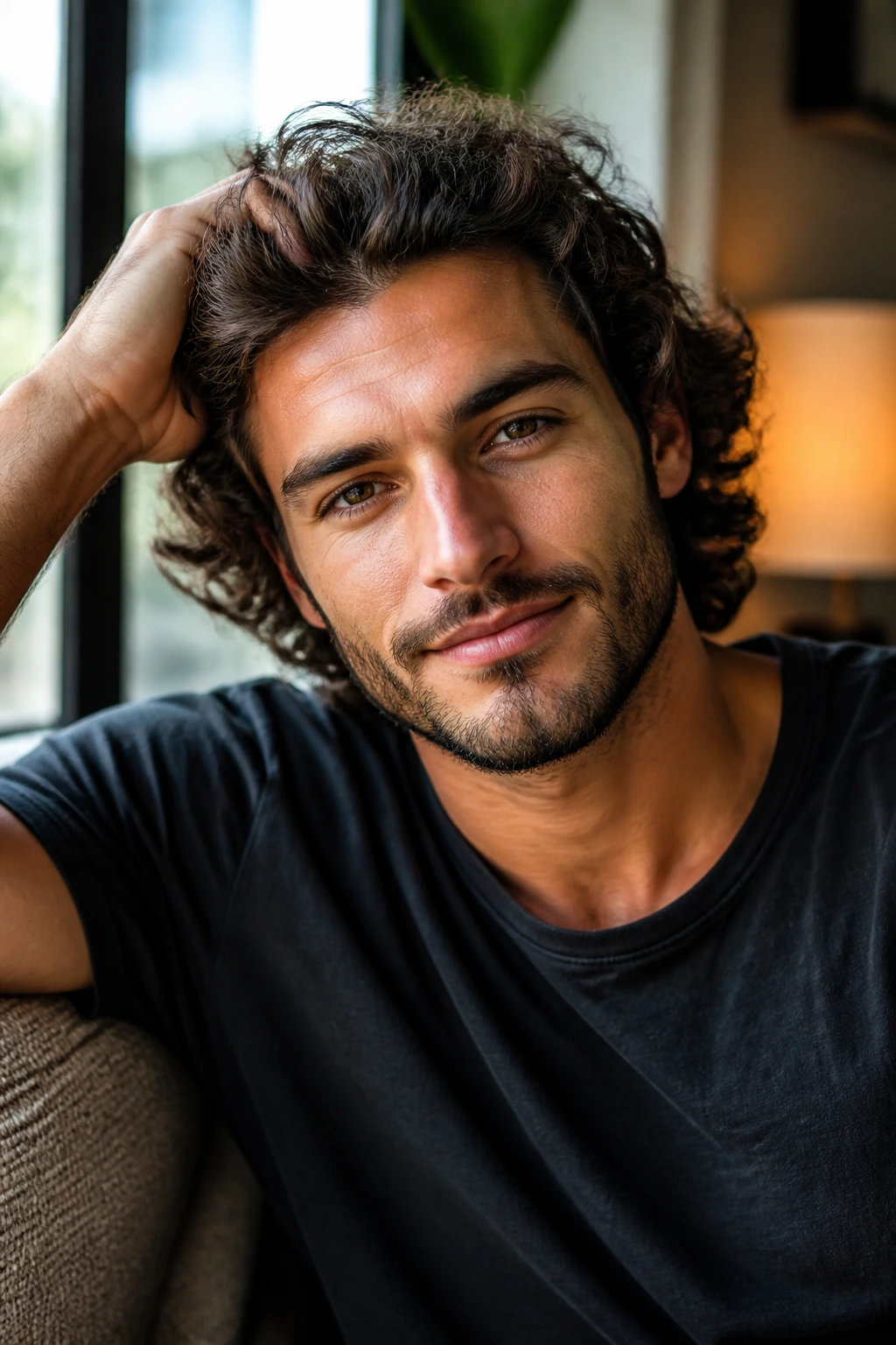 Portrait of a man with medium-length curls pushed back in a cozy window-lit room