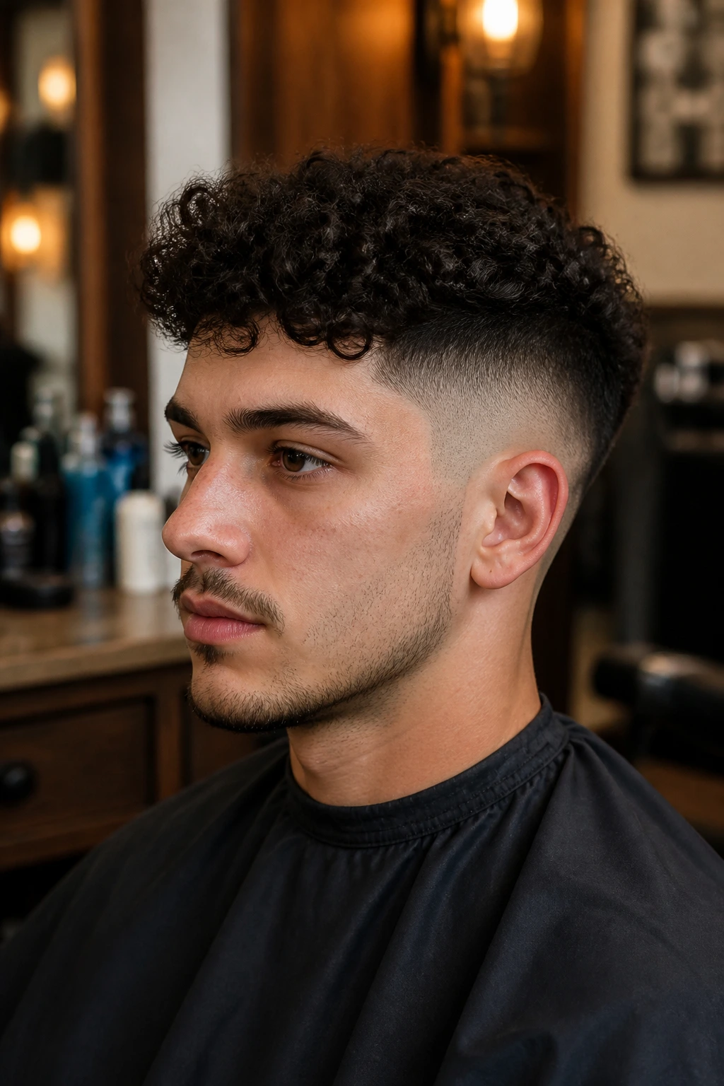 Close-up of man with a high fade and curly top in barber shop lighting.