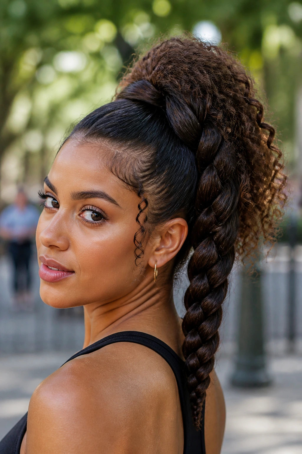 Close-up portrait of a real woman with a curly high ponytail braided into a three-strand braid