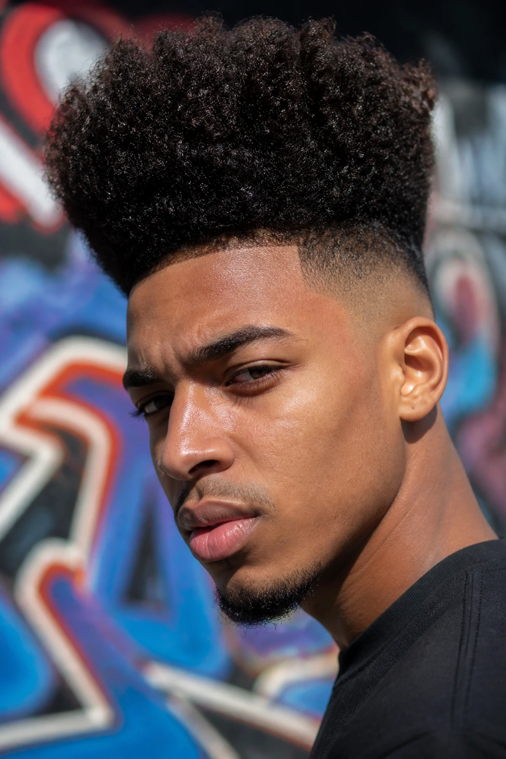 Portrait of a man with a curly high-top in an urban setting.