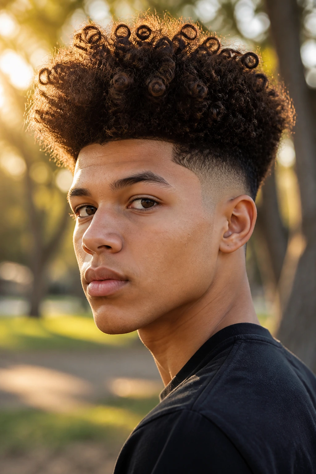 Close-up of a teen with a curly high-top fade in golden-hour park light