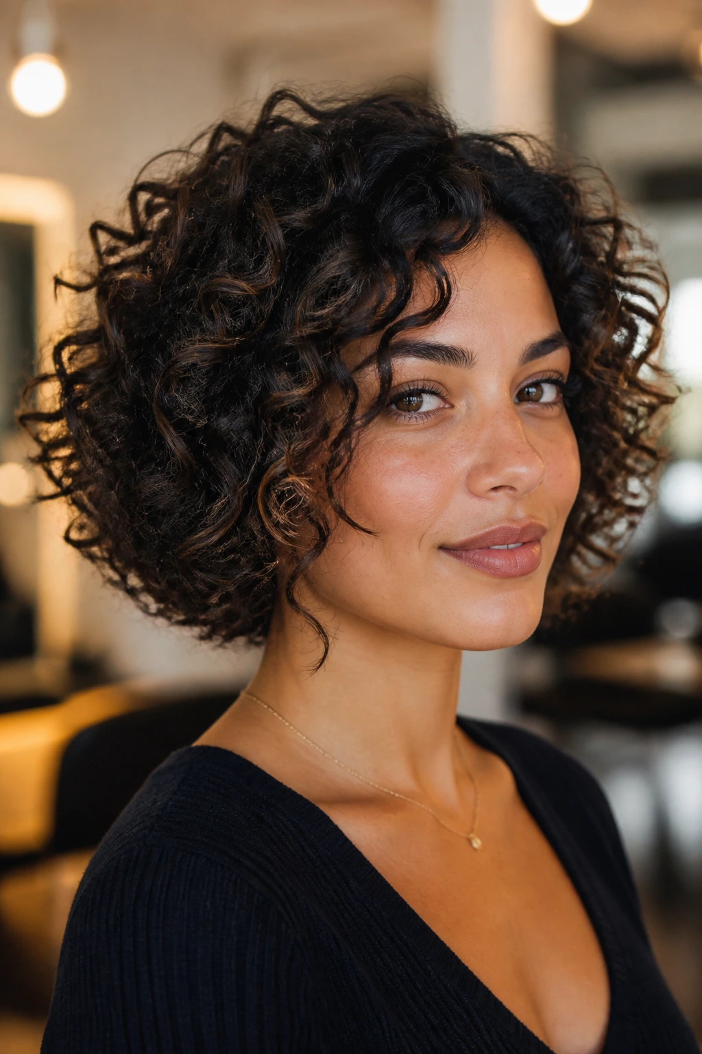 Close-up portrait of a woman with curly inverted bob.