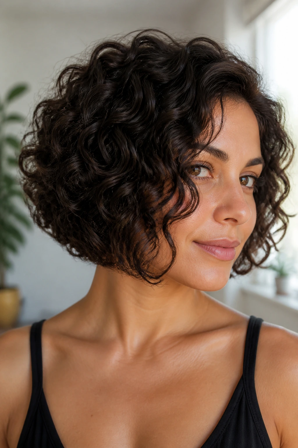 Close-up portrait of a real woman with a curly inverted bob